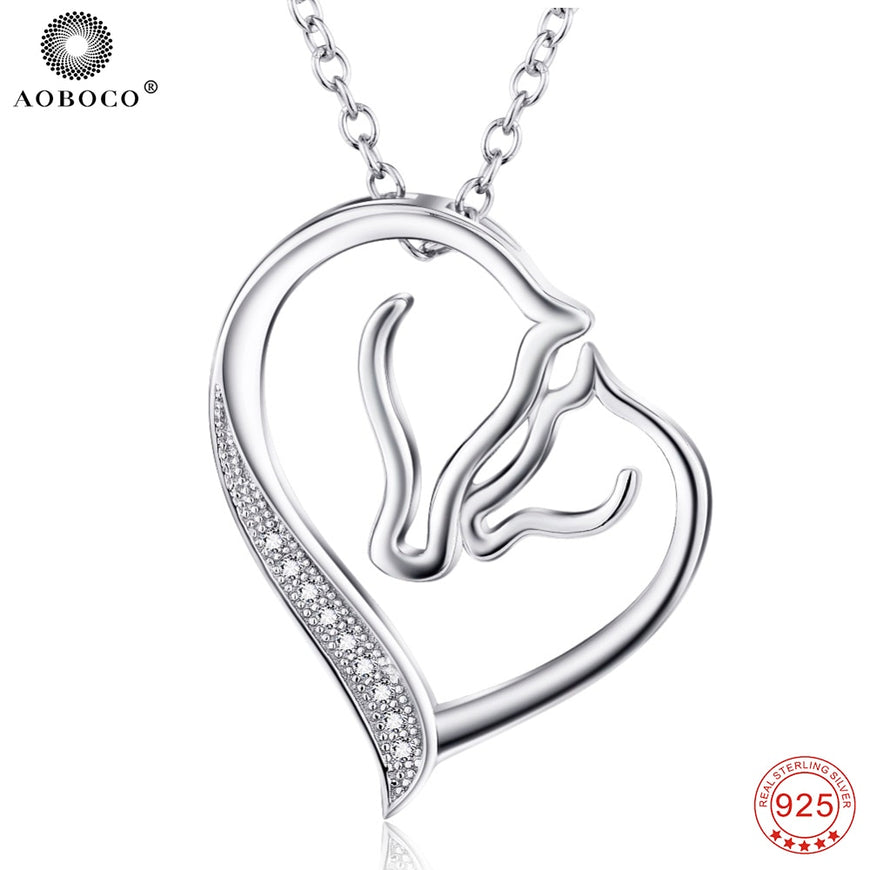 Horse Head Love Heart Mother and Child Sterling Silver Necklace