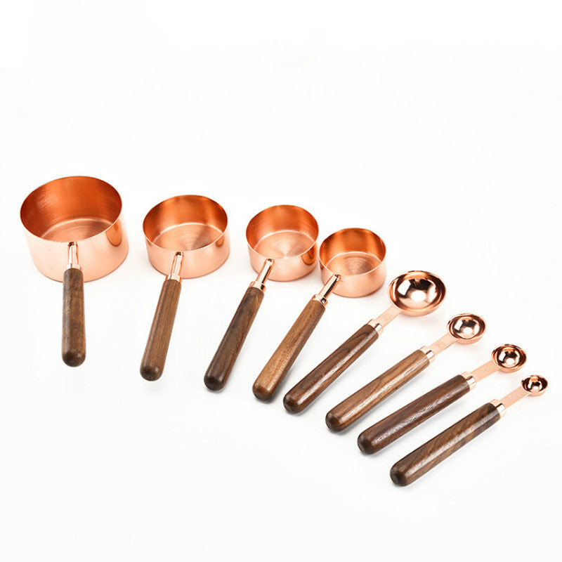 Copper Plated Measuring Cups and Spoons with Wooden Handles