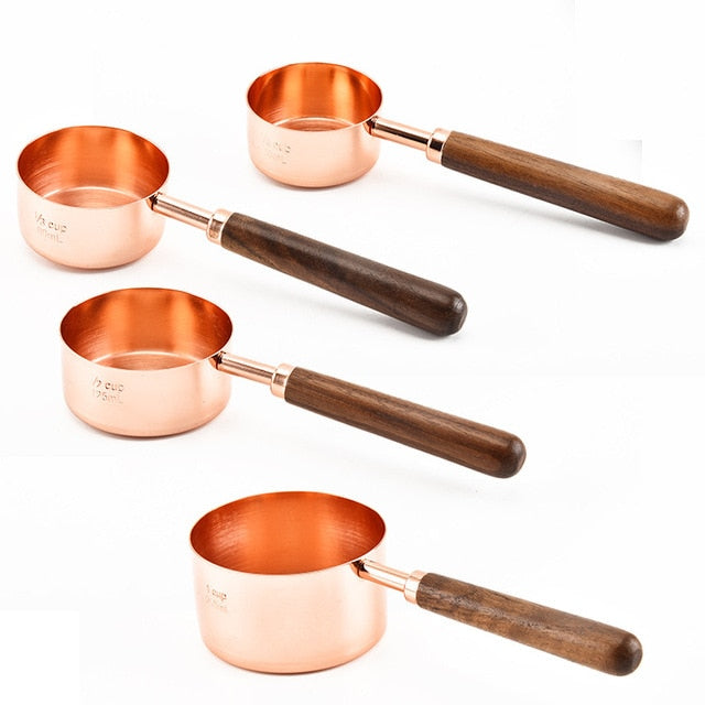 Copper Plated Measuring Cups and Spoons with Wooden Handles