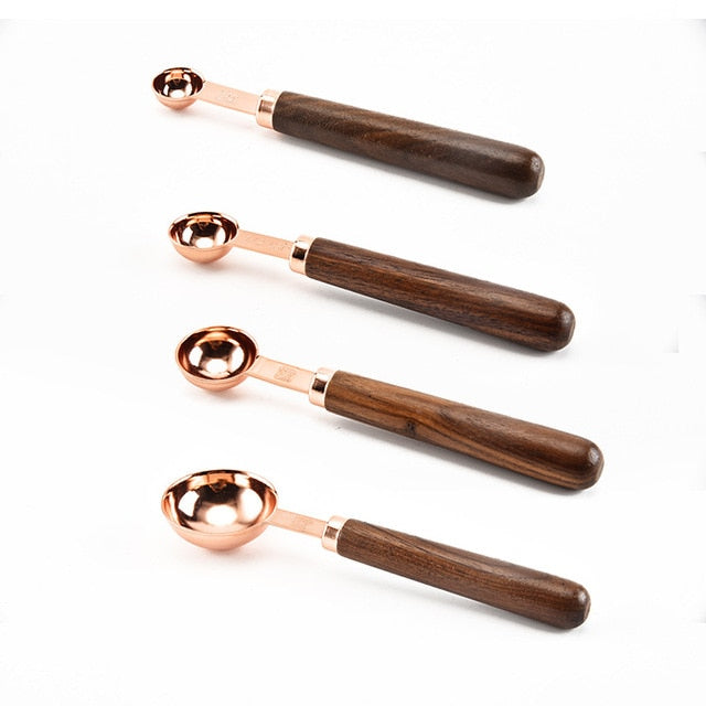 Copper Plated Measuring Cups and Spoons with Wooden Handles