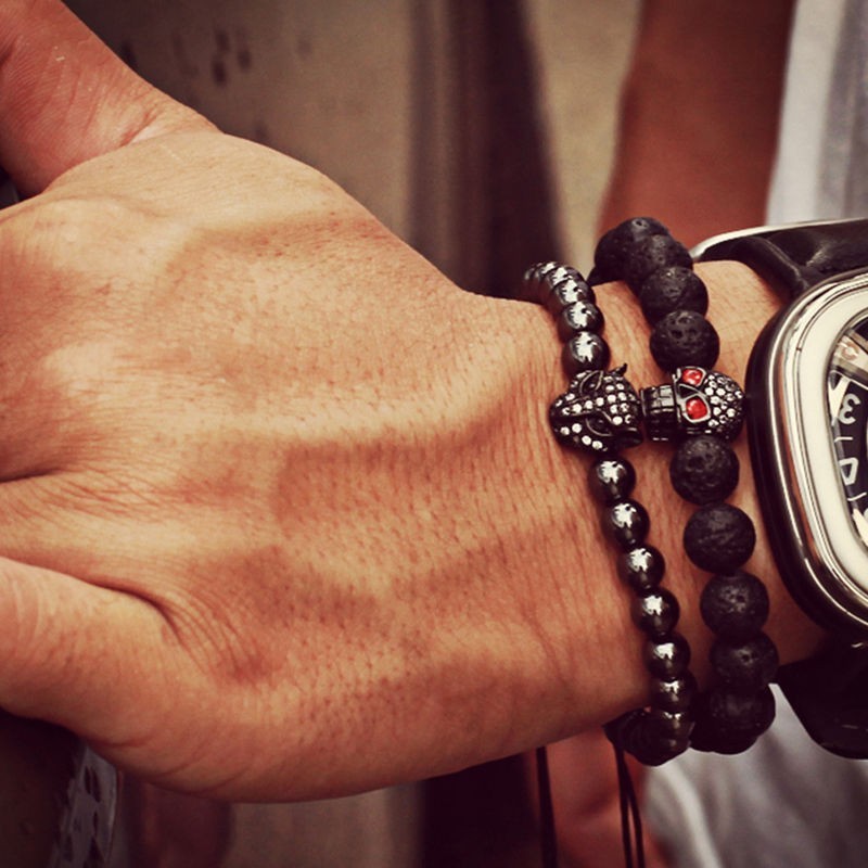 Lava stone bracelet with skull charm for men