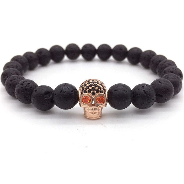 Lava stone bracelet with skull charm for men