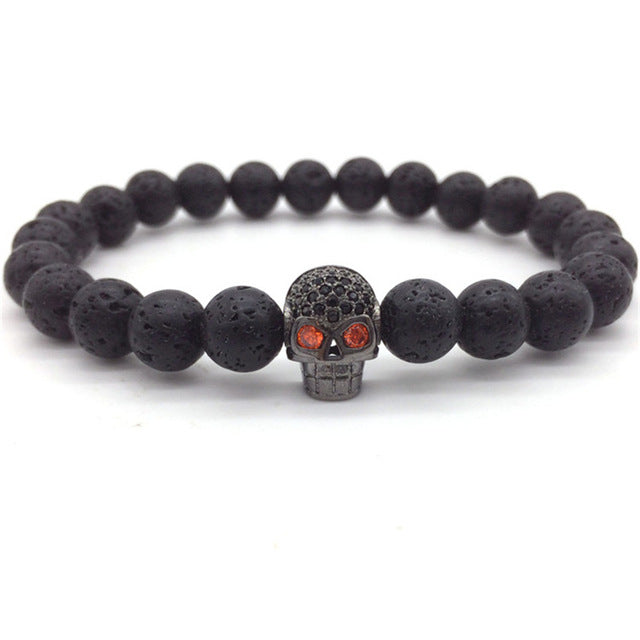 Lava stone bracelet with skull charm for men