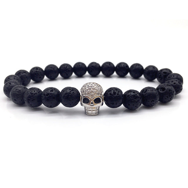 Lava stone bracelet with skull charm for men