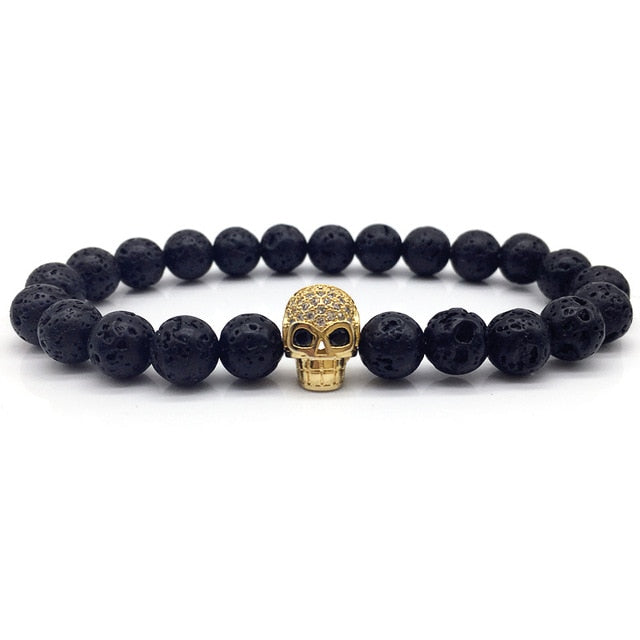 Lava stone bracelet with skull charm for men