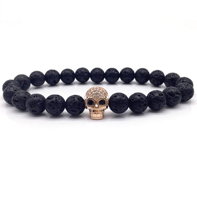 Lava stone bracelet with skull charm for men