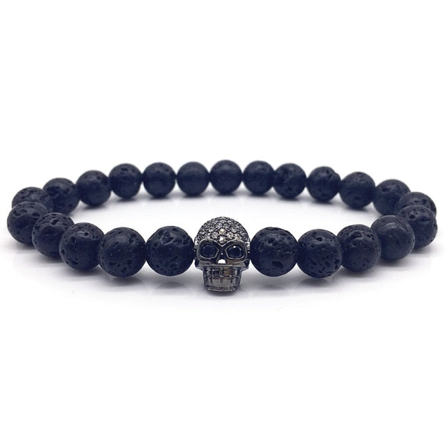 Lava stone bracelet with skull charm for men